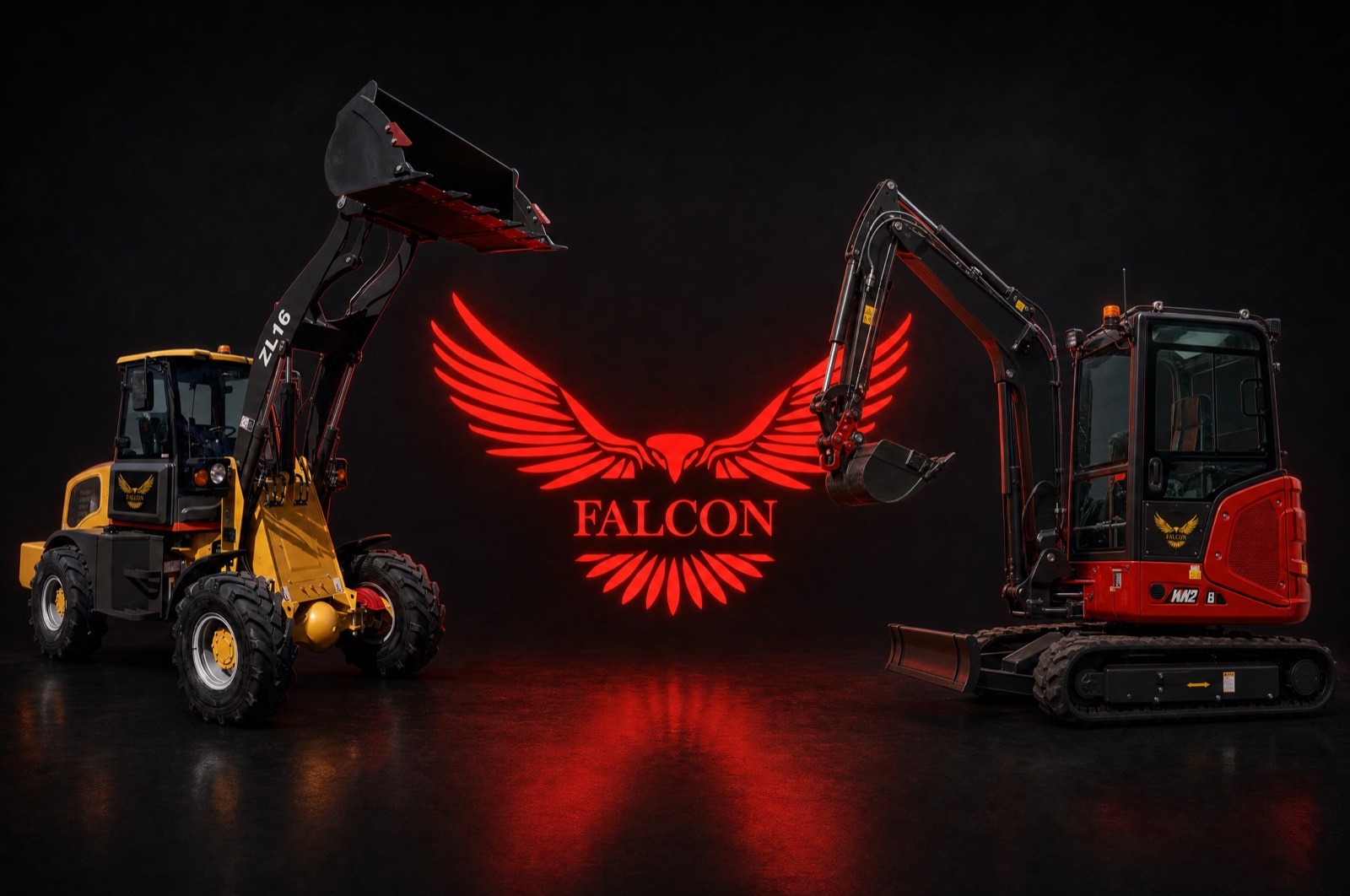 Stroje FALCON — nakladač a minibagr se znakem dravce
